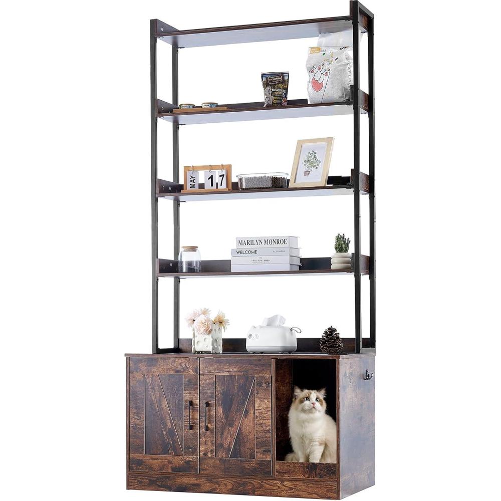 image:imageVEVOR Cat Litter Box Enclosure Hidden Litter Box Furniture with 3 Storage Shelves Wooden Cat Washroom Indoor Large Cat House Cabinet Hidden Fit Most Litter Box 335L x 193W x 587H Dark Brown335L x 193W x 723H4 Shelves