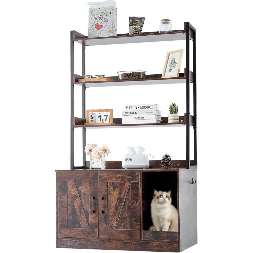 image:imageVEVOR Cat Litter Box Enclosure Hidden Litter Box Furniture with 3 Storage Shelves Wooden Cat Washroom Indoor Large Cat House Cabinet Hidden Fit Most Litter Box 335L x 193W x 587H Dark Brown335L x 193W x 587H3 Shelves