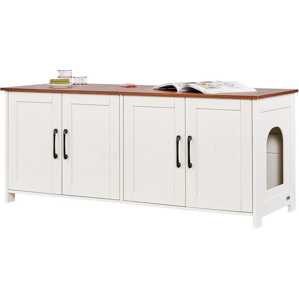 image:imageVEVOR Cat Litter Box Enclosure for 2 Cats Litter Box Furniture Hidden with Double Rooms Wooden Cat Box Cabinet Fit Most of Litter Box 472 L x 185 W x 197 H White