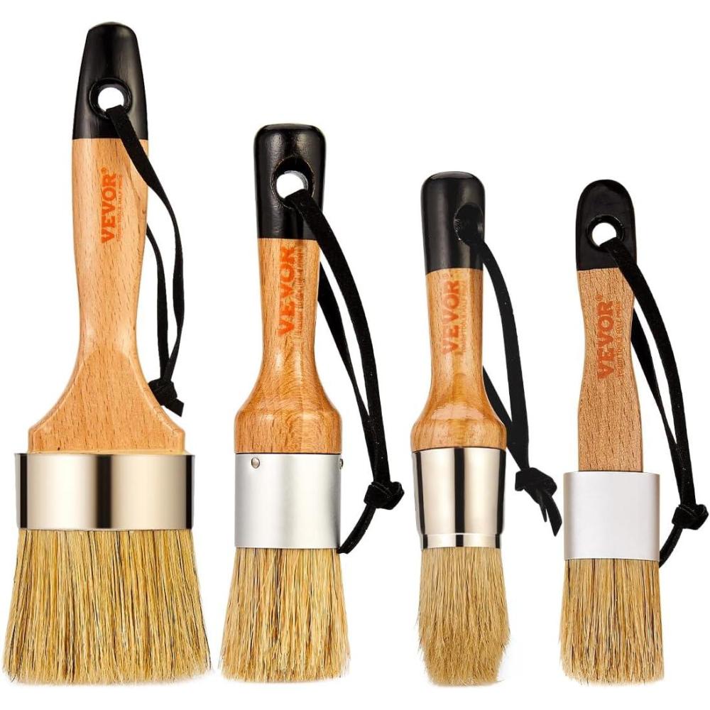image:imageVEVOR Chalk Wax Paint Brush 4 Piece Wax Paint Brush Stain Brushes for Furniture Acrylic PaintingMilk PaintHome Decor Natural Bristle Round Oval Chalk Paint Brushes for All Painting and Waxing4 PCS