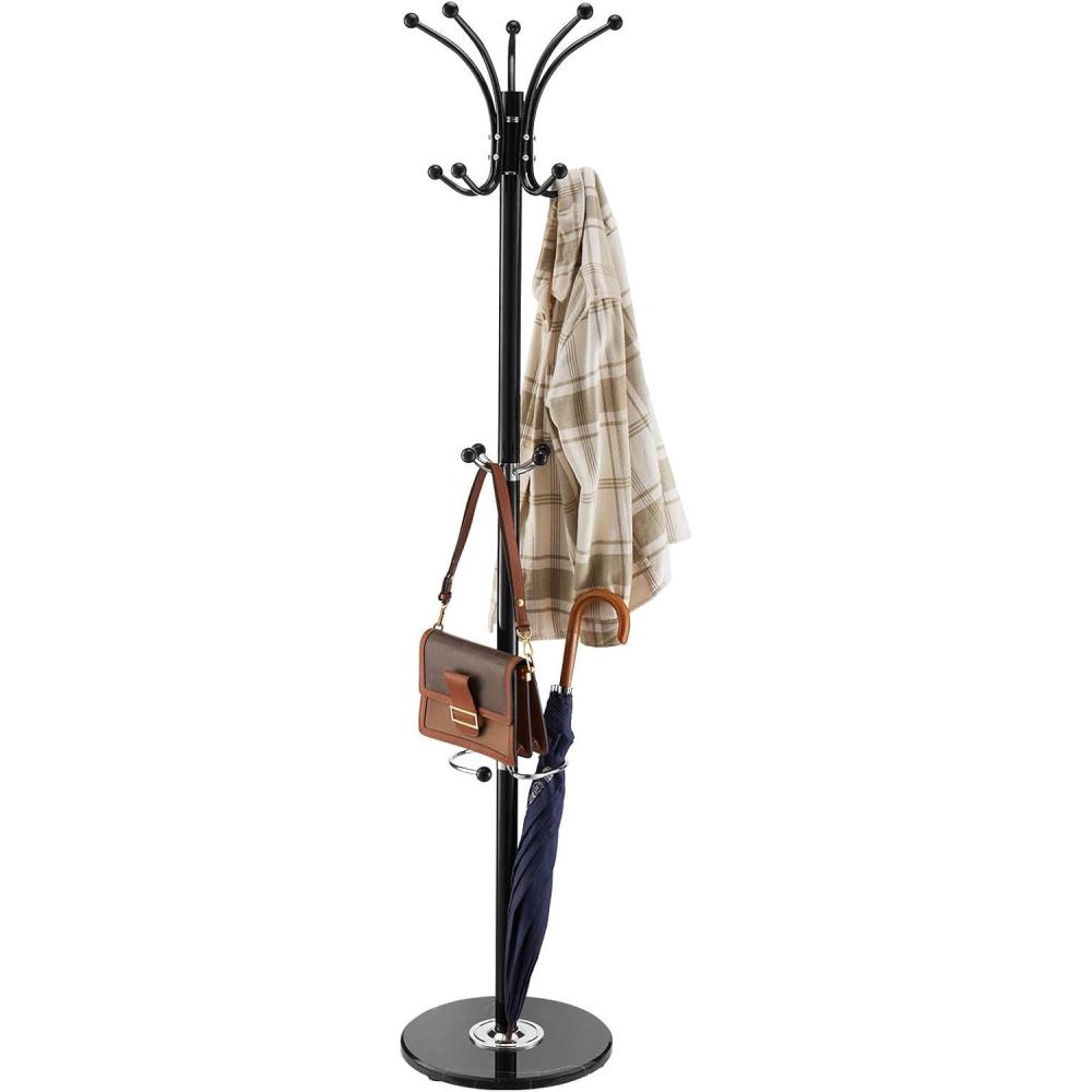 image:imageVEVOR Coat Rack Freestanding Coats Rack Stand with Quartz Stone Base amp 3 Round Hooks Free Standing Hall Coat Tree for Entryway Bedroom Living Room Stylish Clothes Hanger Stand for Coats Hat Bagwith Umbrella Holder