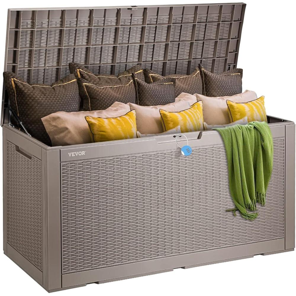 image:imageVEVOR Deck Box 100 Gallon Outdoor Storage Box 480 x 215 x 245 Waterproof PP Deckbox with Aluminum Alloy Padlock for Patio Furniture Garden Tools Outdoor Cushions Gray100gal