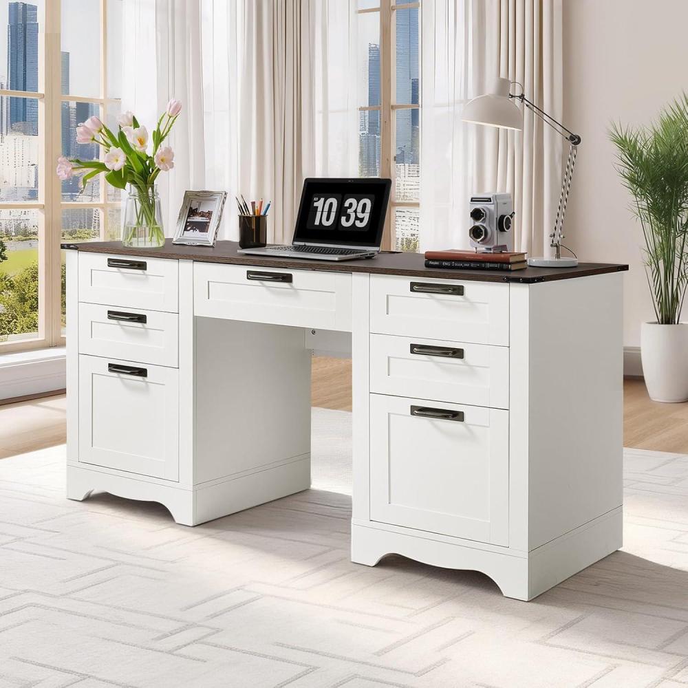 image:imageVEVOR Executive Desk 63 W x 315 D Large Office Desk Modern Computer Table Conference Meeting Room Table Business Furniture Enlarged Desktop for Home Office White and GoldWhite