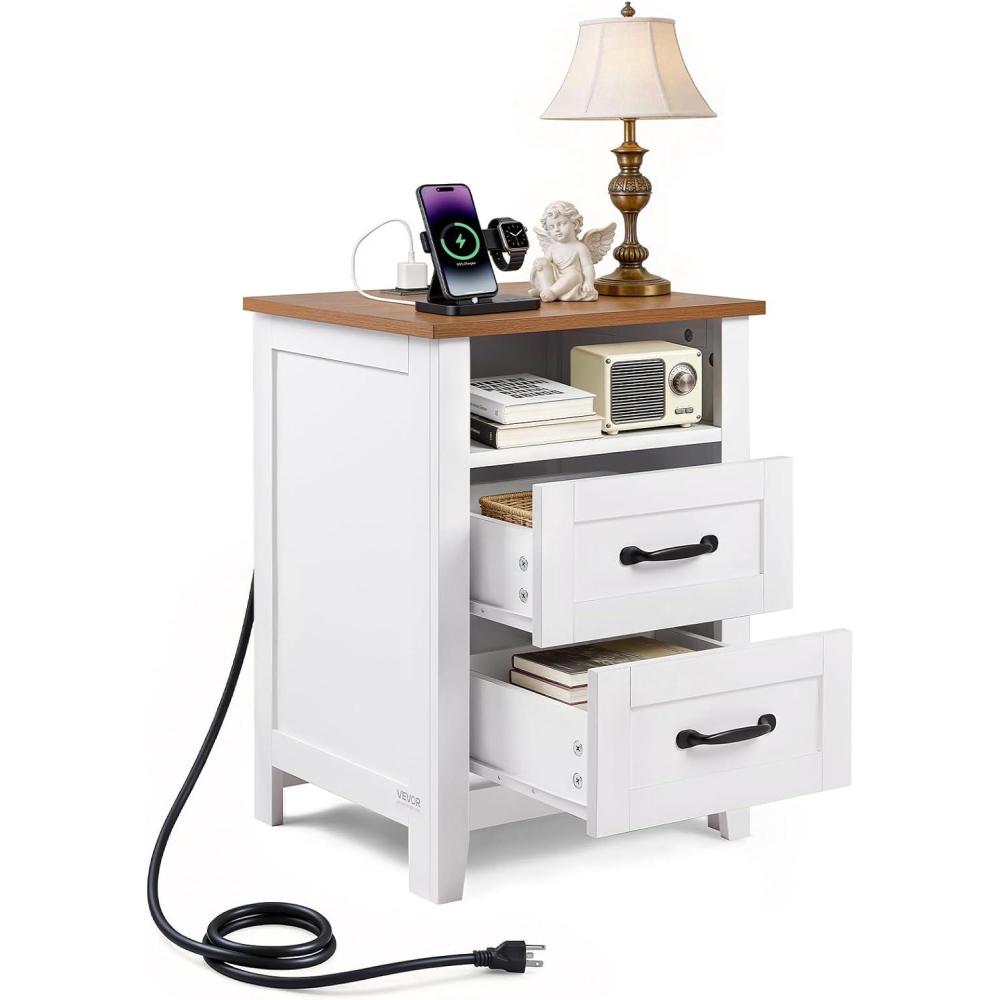 image:imageVEVOR Farmhouse Nightstand Set of 2 18 Wide Bedside Table with Charging Station Rustic End Table with 2 Drawers Storage Shelf USBTypeC Port 65ft Cord Bed Side Table for BedroomWhite amp BrownWhite