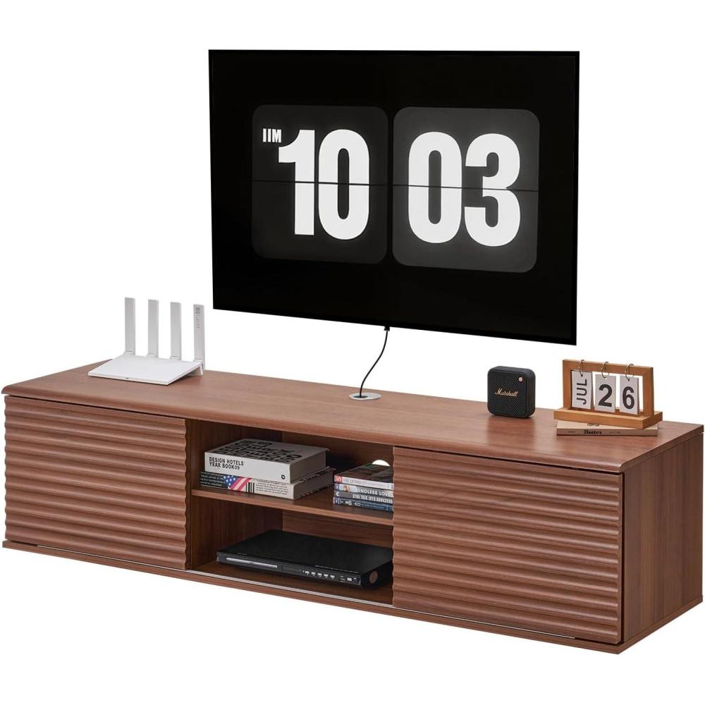 image:imageVEVOR Floating TV Stand 60 Wall Mount Entertainment Center with Adjustable Shelf amp Sliding Doors 2 Tiers Floating TV Shelf with Storage Cabinet for DVD Player Cable Box Game Console Walnut