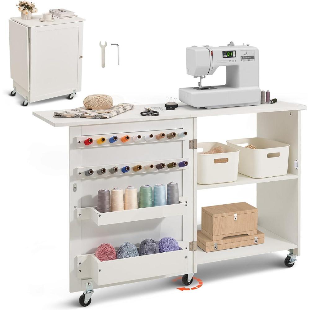 image:imageVEVOR Folding Sewing Table Multipurpose Sewing Machine Table with Cabinet Compact Design Wheels Wooden Pegs Storage Trays and Shelf Magnetic Door Craft Station and Side Desk for Home WhiteWhite wo Cabinet