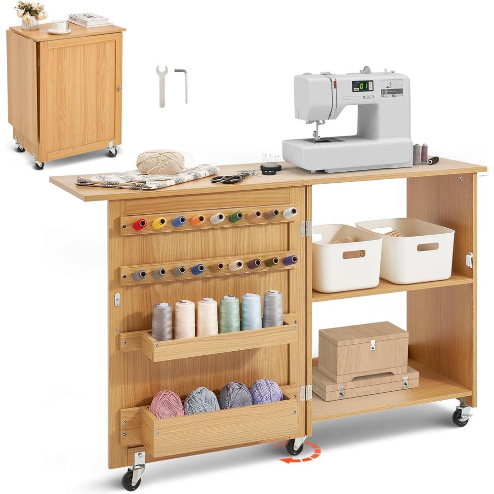 image:imageVEVOR Folding Sewing Table Multipurpose Sewing Machine Table with Cabinet Compact Design Wheels Wooden Pegs Storage Trays and Shelf Magnetic Door Craft Station and Side Desk for Home WhiteBrown wo Cabinet