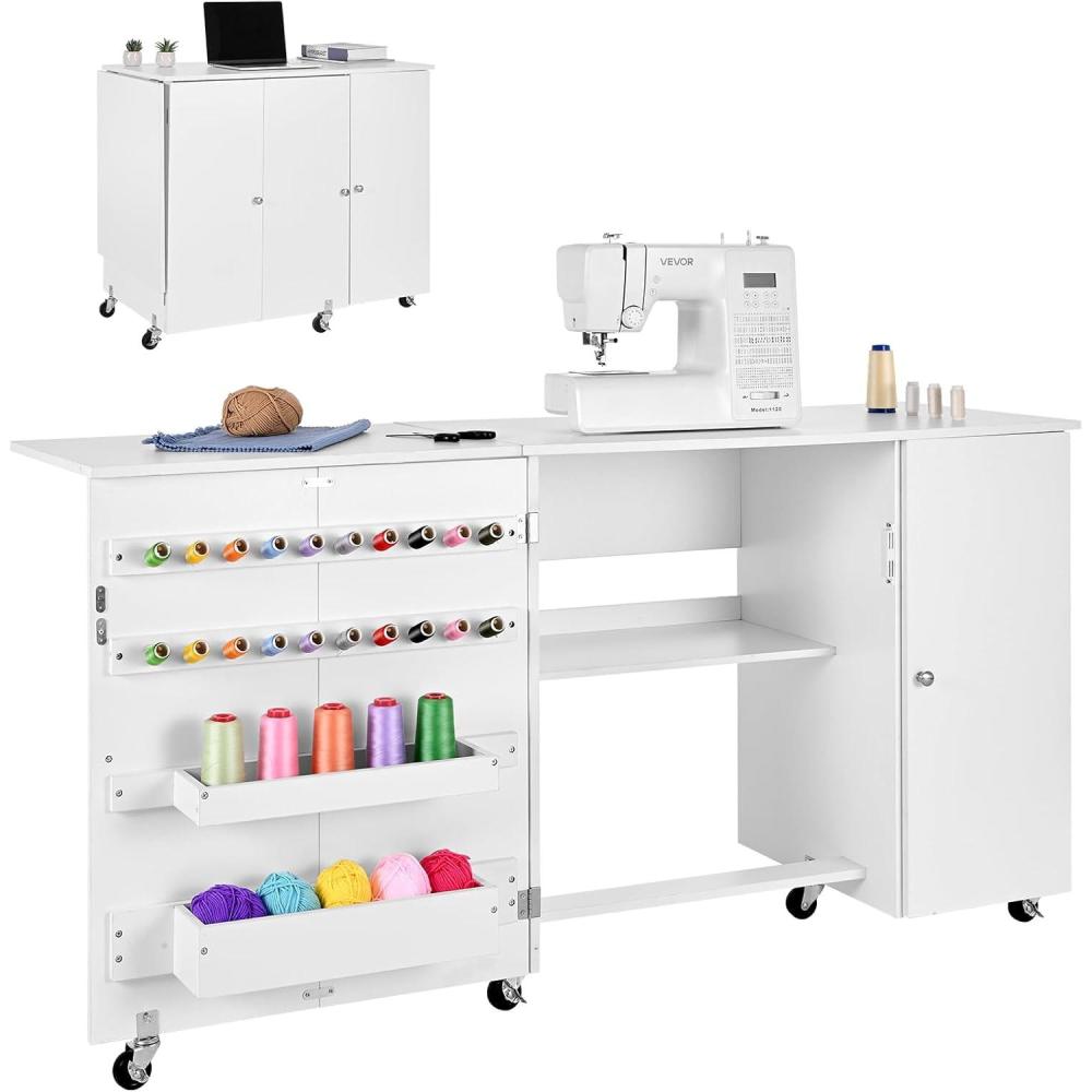 image:imageVEVOR Folding Sewing Table Multipurpose Sewing Machine Table with Cabinet Compact Design Wheels Wooden Pegs Storage Trays and Shelf Magnetic Door Craft Station and Side Desk for Home WhiteWhite W Cabinet