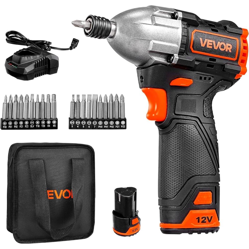 image:imageVEVOR Impact Driver 14 Inch 3000 RPM Max Speed 12 V Brushless Motor Electric Cordless Impact Driver Kit with Battery and Charger 20 Bits LED Work Light for Furniture Electrical Home Repairs120Nm 3400BPM