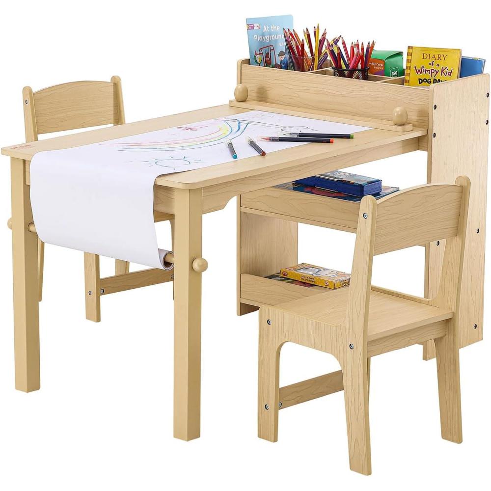 image:imageVEVOR Kids Art Table and 2 Chairs 2in1 Toddler Craft and Play Activity Table Wood Toddler Table and Chair Set with A Cabinet for Art Craft Reading LearningNatural