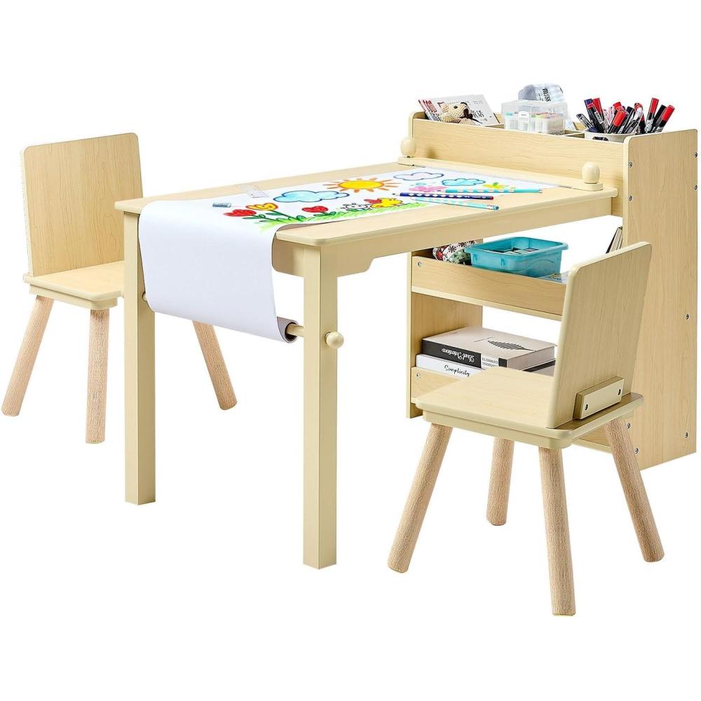 image:imageVEVOR Kids Art Table and Chair Set Toddler Activity Table with Storage Wood Kids Craft Desk with Paper Roll for Drawing Reading Writing Kid Play Table for Nursery Playroom Classroom WhiteNatural