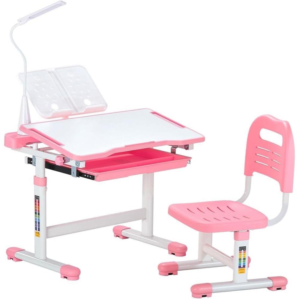 image:imageVEVOR Kids Study Chair and Desk Set Study Desk and Chair for Kids with Bookshelf and Storage Drawer Adjustable Height Kids Study Desk with Chair Children Study Table for Bedroom amp Study Room PinkPink