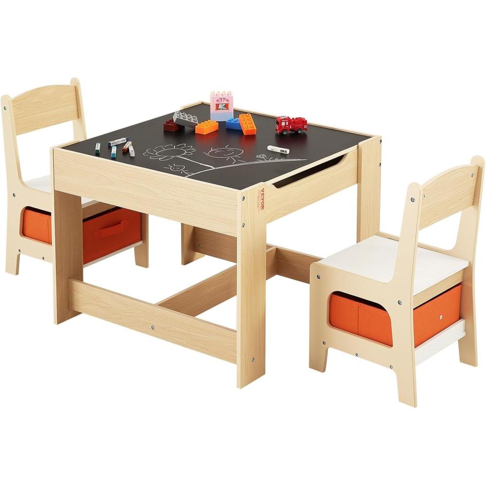 image:imageVEVOR Kids Table and Chair Set 3 in 1 Wooden Kids Table with Storage Drawer Toddler Activity Play Desk with 2 in 1 Detachable Tabletop Children Table for Art Eating Reading Learning NaturalNatural
