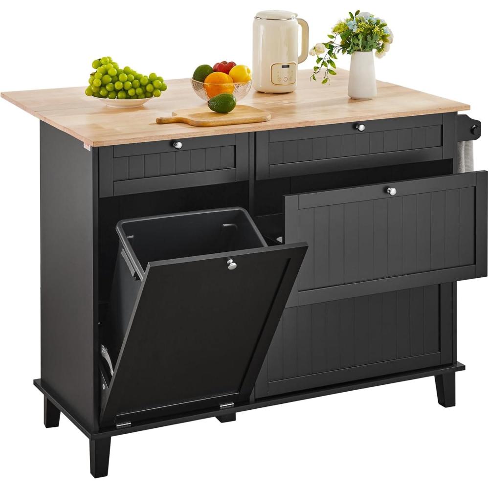 image:imageVEVOR Kitchen Island Cart 50 Wood Top Breakfast Bar with Trash Cabinet Tilt Out 10 Gallon Storage Farmhouse Dining Living Room Table with Drop Leaf Towel Bar Drawer Black50inchblack