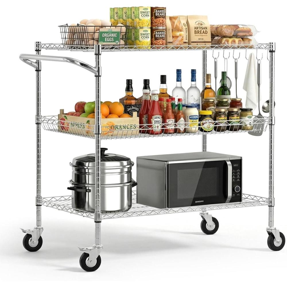 image:imageVEVOR Kitchen Utility Cart 3 Tier Heavy Duty Adjustable Wire Storage Rack Commercial Steel Rolling Service Trolley on Wheels Work Table with Handle Bar for Garage and Laundry Room 40x25x409 in25d X 40w X 409h