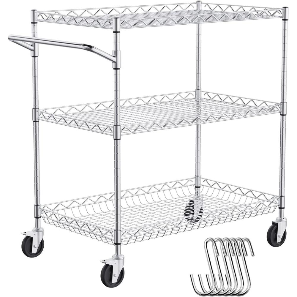 image:imageVEVOR Kitchen Utility Cart 3 Tier Heavy Duty Adjustable Wire Storage Rack Commercial Steel Rolling Service Trolley on Wheels Work Table with Handle Bar for Garage and Laundry Room 40x25x409 in18d X 30w X 324h