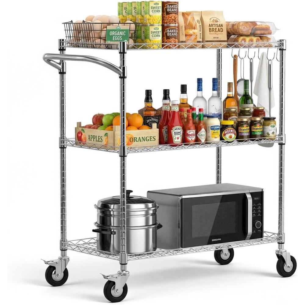 image:imageVEVOR Kitchen Utility Cart 3 Tier Heavy Duty Adjustable Wire Storage Rack Commercial Steel Rolling Service Trolley on Wheels Work Table with Handle Bar for Garage and Laundry Room 40x25x409 in178d X 35w X 409h Upgraded