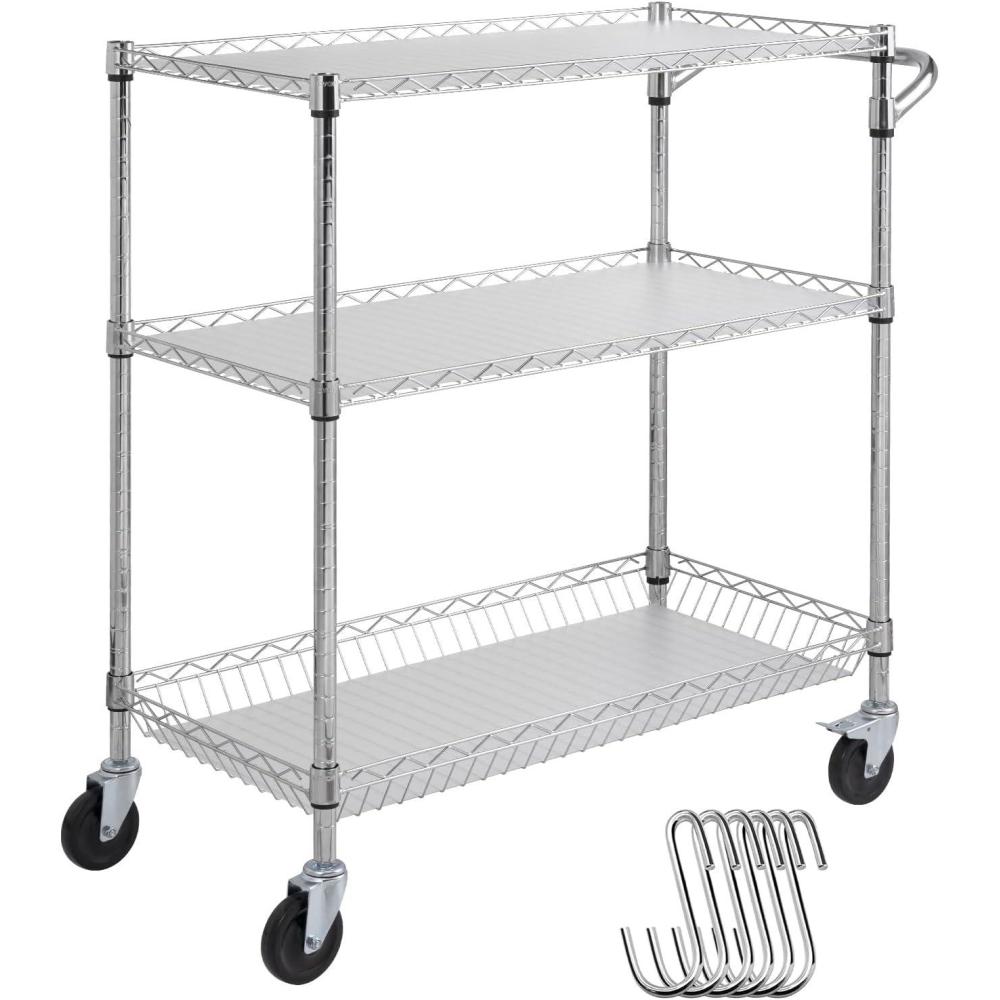 image:imageVEVOR Kitchen Utility Cart 3 Tier Heavy Duty Adjustable Wire Storage Rack Commercial Steel Rolling Service Trolley on Wheels Work Table with Handle Bar for Garage and Laundry Room 40x25x409 in18d X 35w X 409h