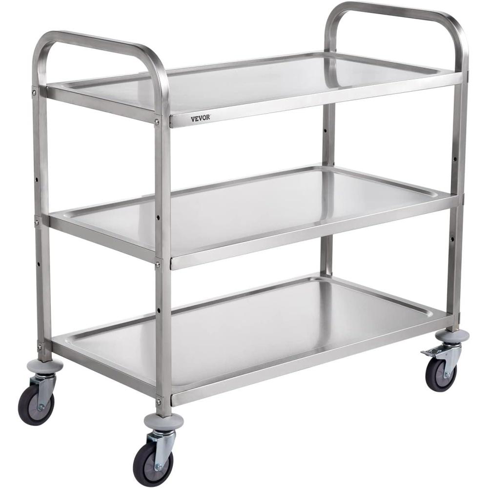 image:imageVEVOR Kitchen Utility Cart 366x20x24 3 Tiers Wire Rolling Cart 470LBS Capacity Steel Service Cart with Brake Wheels Storage Trolley with 76mm Basket PP Liner 6 Hooks for Indoor amp Outdoor UseStainless Steel Trolley