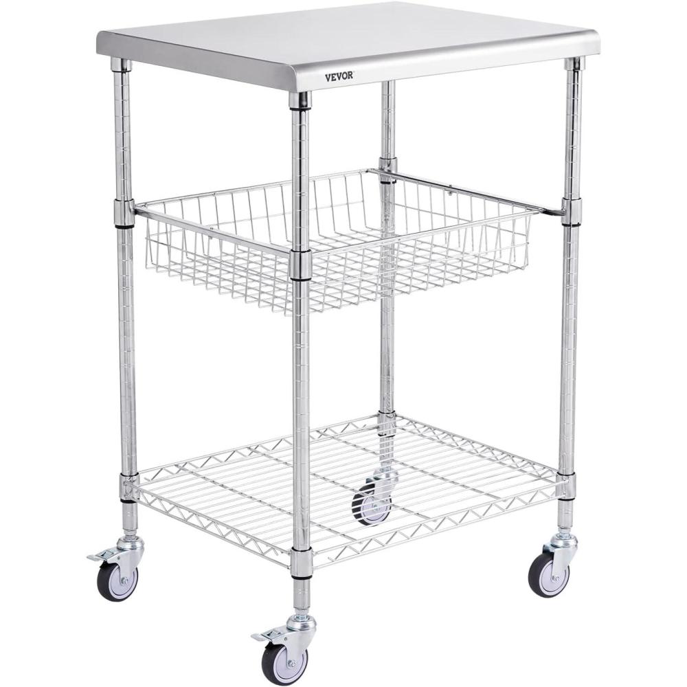 image:imageVEVOR Kitchen Utility Cart 366x20x24 3 Tiers Wire Rolling Cart 470LBS Capacity Steel Service Cart with Brake Wheels Storage Trolley with 76mm Basket PP Liner 6 Hooks for Indoor amp Outdoor UseDrawer Cart