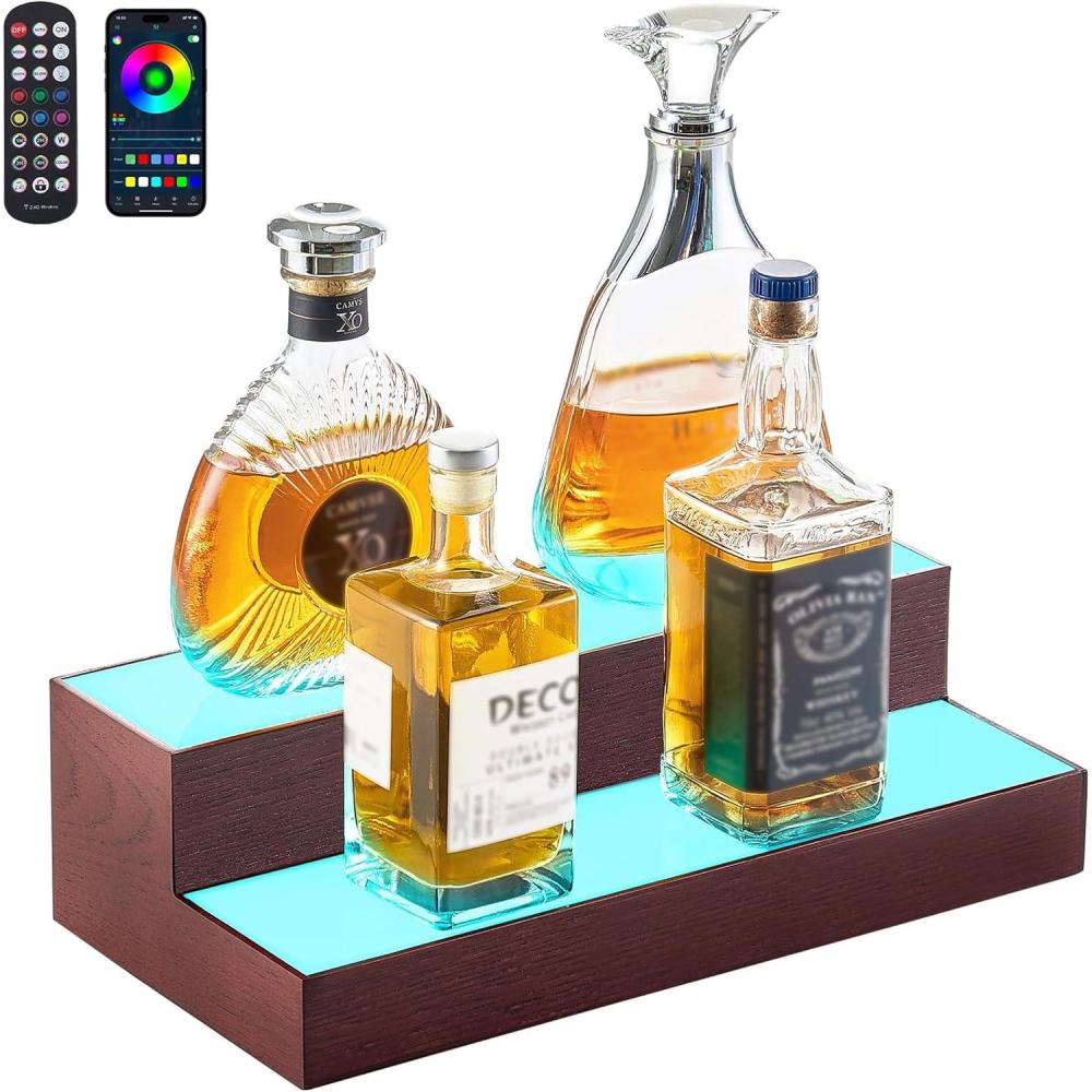 image:imageVEVOR LED Lighted Liquor Bottle Display 2Tier 16 Inch Whiskey Rack Supports USB Illuminated Home Bar Shelf with RF Remote amp App Control 7 Static Colors Acrylic Wood Lighted Shelf for 8 Bottles2 Step 16 InchesWoodAcrylic