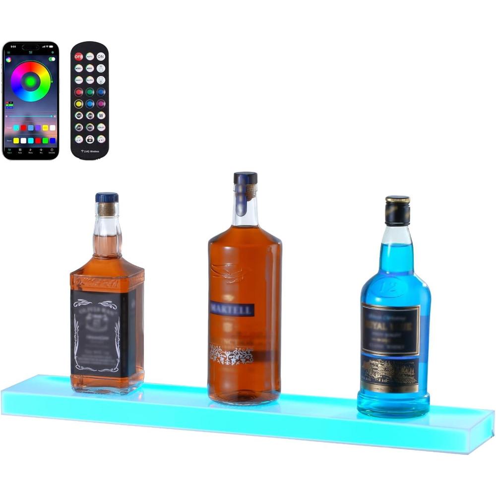 image:imageVEVOR LED Lighted Liquor Bottle Display 3 Tiers 20 Inches Whiskey Rack Supports USB Illuminated Home Bar Shelf with RF Remote amp App Control 9 Static Colors Acrylic Lighted Shelf for 15 Bottles1 Step 24 Inches