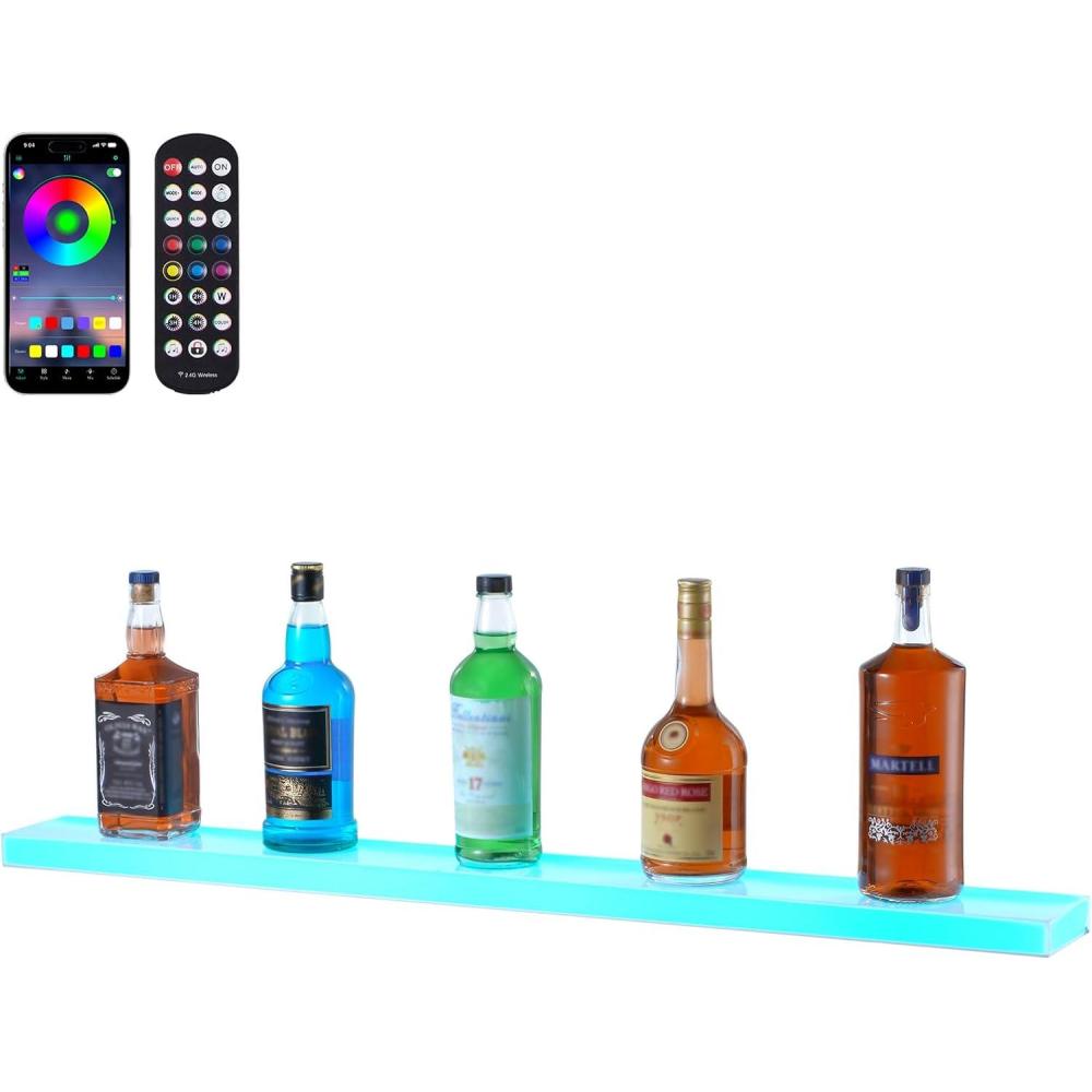 image:imageVEVOR LED Lighted Liquor Bottle Display 3 Tiers 20 Inches Whiskey Rack Supports USB Illuminated Home Bar Shelf with RF Remote amp App Control 9 Static Colors Acrylic Lighted Shelf for 15 Bottles1 Step 40 Inches