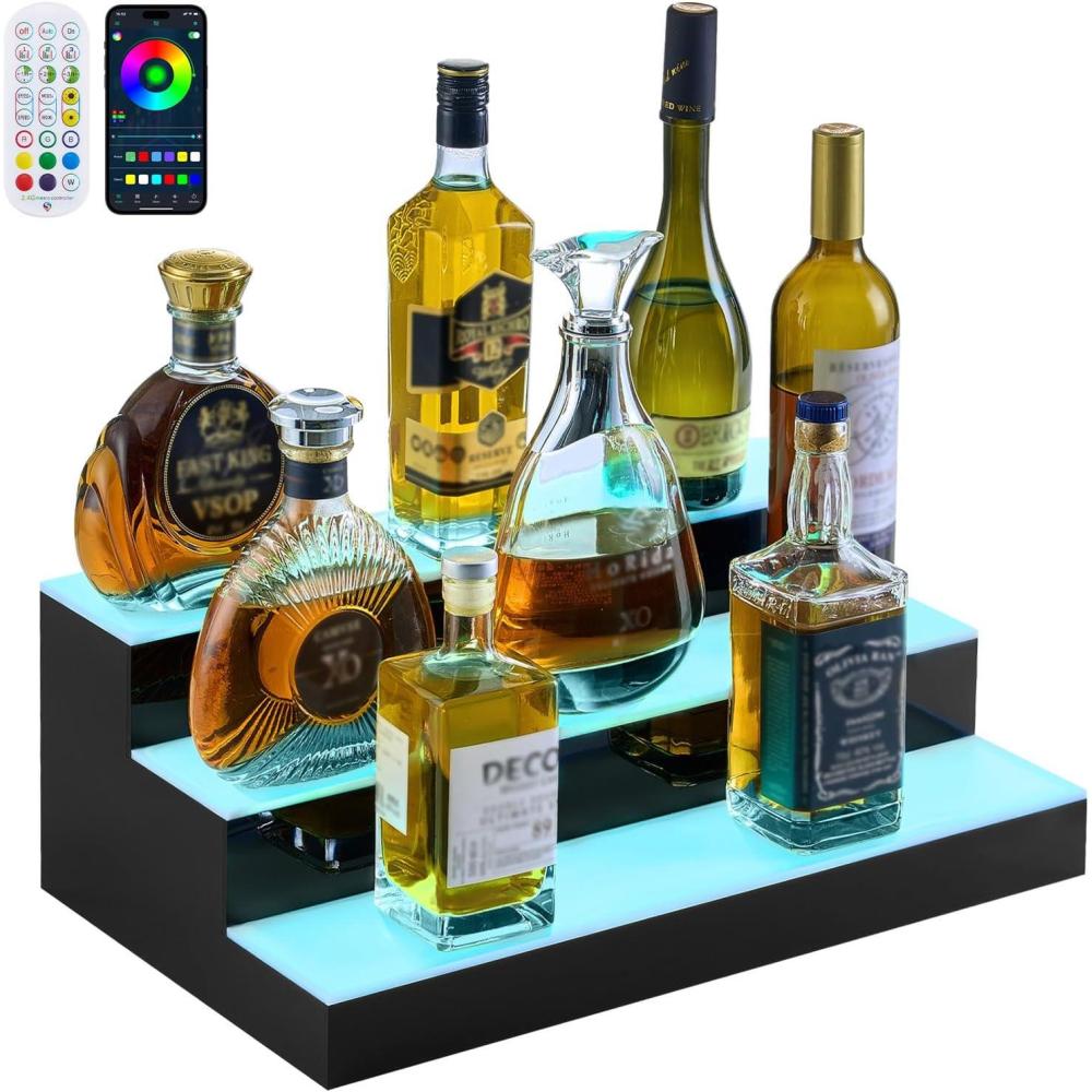 image:imageVEVOR LED Lighted Liquor Bottle Display 3 Tiers 20 Inches Whiskey Rack Supports USB Illuminated Home Bar Shelf with RF Remote amp App Control 9 Static Colors Acrylic Lighted Shelf for 15 Bottles3 Step 20 Inches