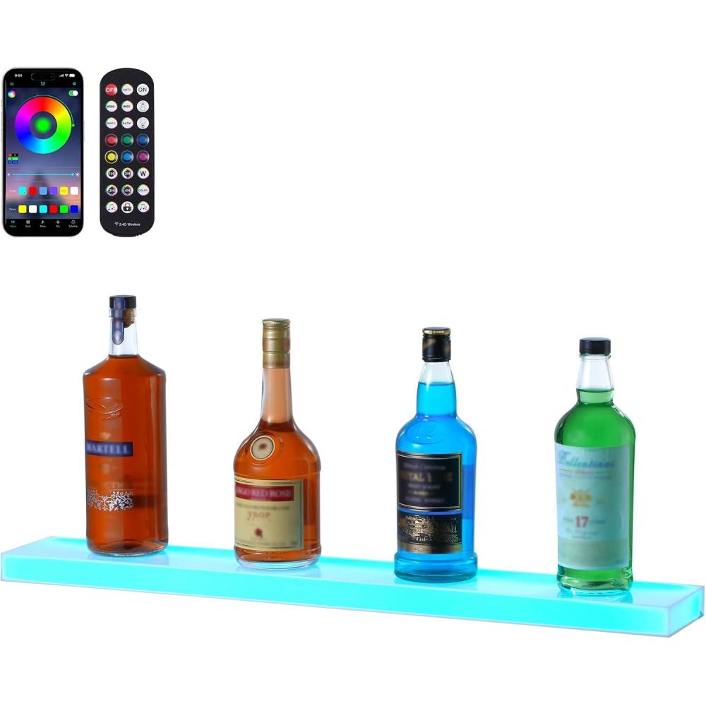 image:imageVEVOR LED Lighted Liquor Bottle Display 3 Tiers 20 Inches Whiskey Rack Supports USB Illuminated Home Bar Shelf with RF Remote amp App Control 9 Static Colors Acrylic Lighted Shelf for 15 Bottles1 Step 30 Inches