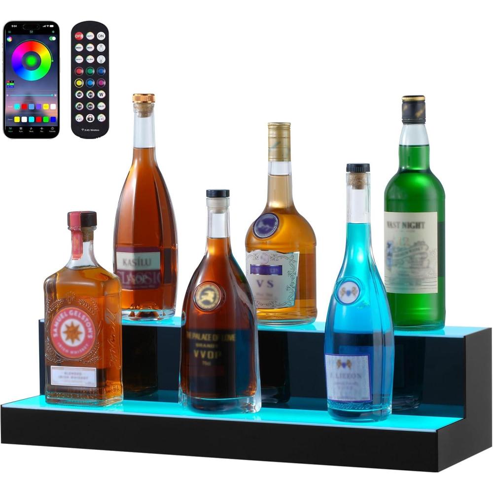 image:imageVEVOR LED Lighted Liquor Bottle Display 3 Tiers 20 Inches Whiskey Rack Supports USB Illuminated Home Bar Shelf with RF Remote amp App Control 9 Static Colors Acrylic Lighted Shelf for 15 Bottles2 Step 24 Inches