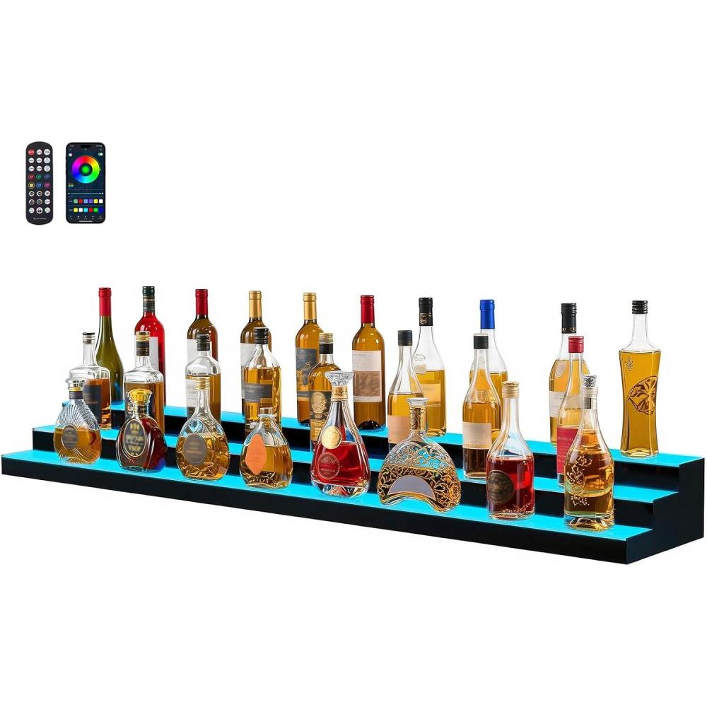 image:imageVEVOR LED Lighted Liquor Bottle Display 3 Tiers 20 Inches Whiskey Rack Supports USB Illuminated Home Bar Shelf with RF Remote amp App Control 9 Static Colors Acrylic Lighted Shelf for 15 Bottles3 Step 70 Inches