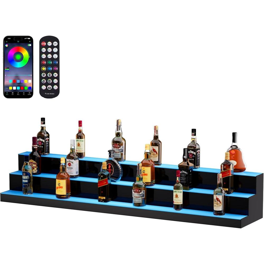 image:imageVEVOR LED Lighted Liquor Bottle Display 3 Tiers 20 Inches Whiskey Rack Supports USB Illuminated Home Bar Shelf with RF Remote amp App Control 9 Static Colors Acrylic Lighted Shelf for 15 Bottles3 Step 60 Inches