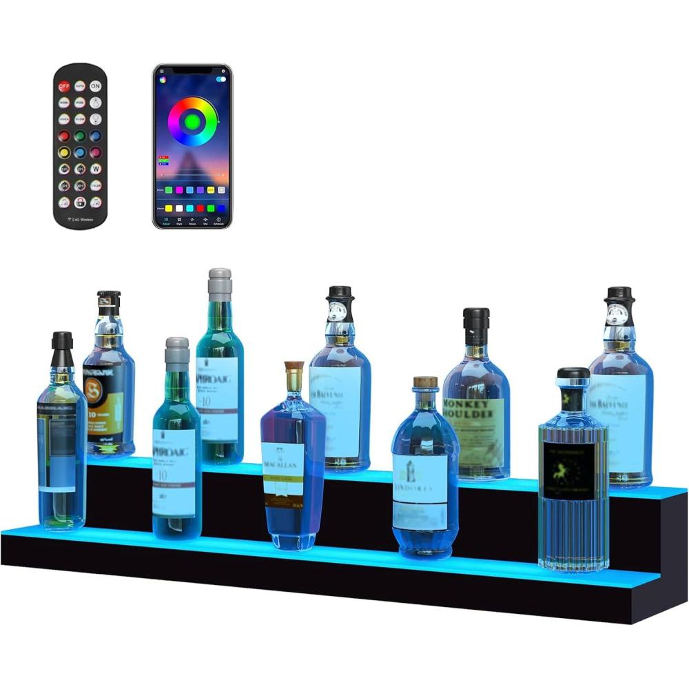 image:imageVEVOR LED Lighted Liquor Bottle Display 3 Tiers 20 Inches Whiskey Rack Supports USB Illuminated Home Bar Shelf with RF Remote amp App Control 9 Static Colors Acrylic Lighted Shelf for 15 Bottles2 Step 40 Inches