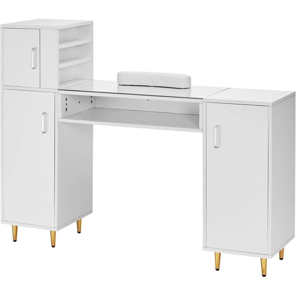 image:imageVEVOR Manicure Table Glass Top Desk Makeup Dressing Station with Storage Cabinets AcetoneResistant Nail Tech Table for Spa Beauty Salon Workstation with Wrist Rest 8 Metal Legs White