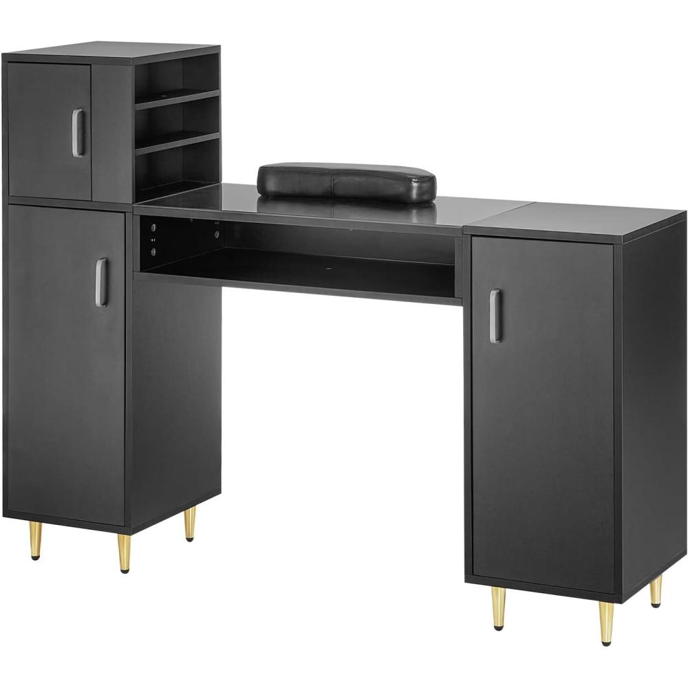 image:imageVEVOR Manicure Table Glass Top Nail Tech Desk Makeup Dressing Nail Station with Spacious Storage Cabinets AcetoneResistant Nail Tech Table with Wrist Rest 8 Metal Legs for Spa Beauty Salon Black