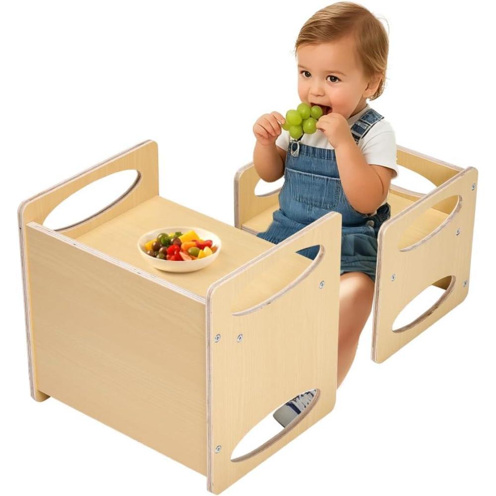 image:imageVEVOR Montessori Weaning Table and Chair Set 3 in 1 Wooden Toddler Table and Chairs with Chalkboard Adjustable Height Montessori Table for Ages 15 Ideal for Drawing Reading Eating WhiteNatural