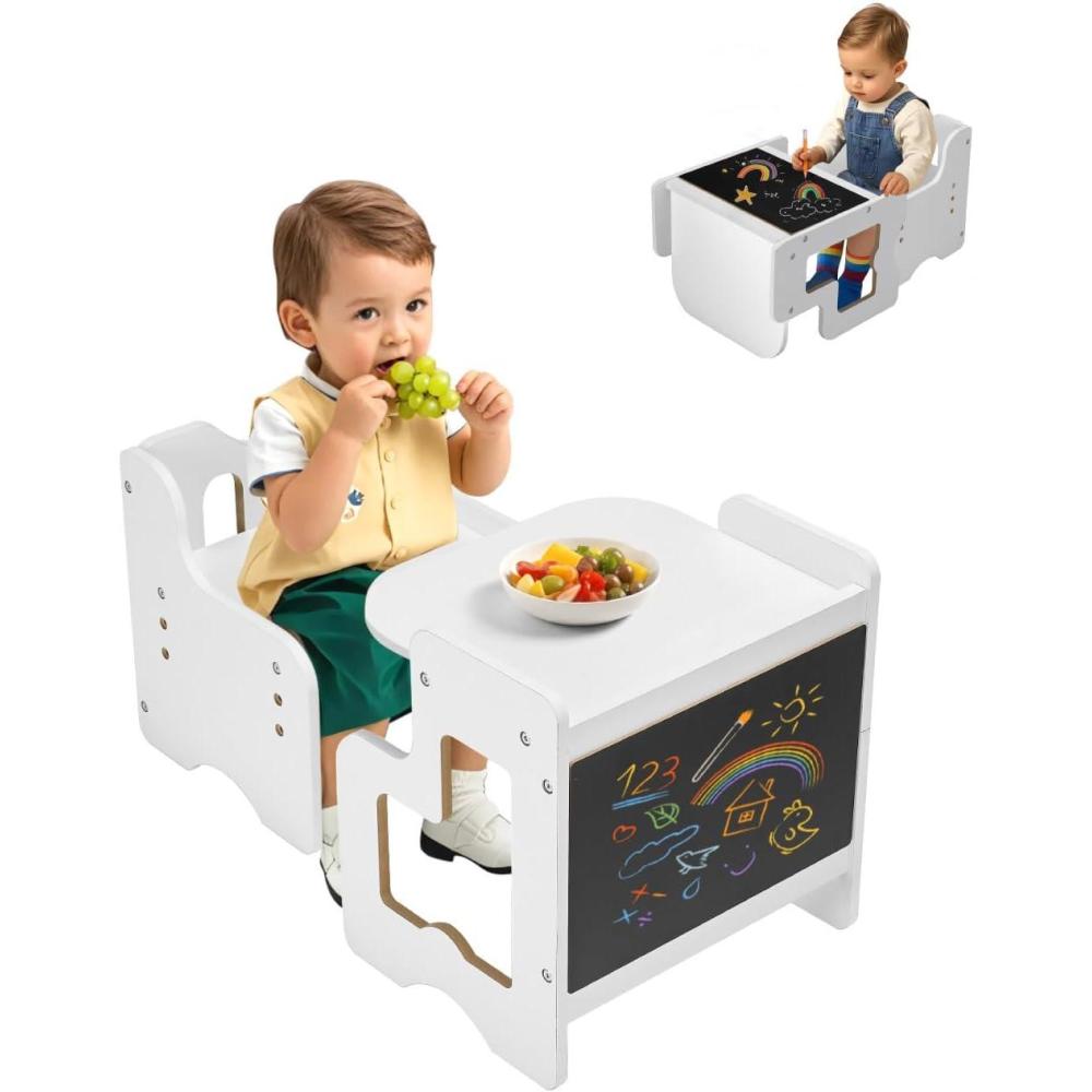 image:imageVEVOR Montessori Weaning Table and Chair Set 3 in 1 Wooden Toddler Table and Chairs with Chalkboard Adjustable Height Montessori Table for Ages 15 Ideal for Drawing Reading Eating WhiteWhite