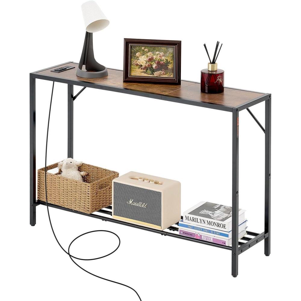 image:imageVEVOR Narrow Console Table 417 Behind Couch Shelf with Power Outlets 2Tier Long Entryway Shelf Sofa Table with Metal Frame and Charge Station for Entryway Hallway Living RoomBrown