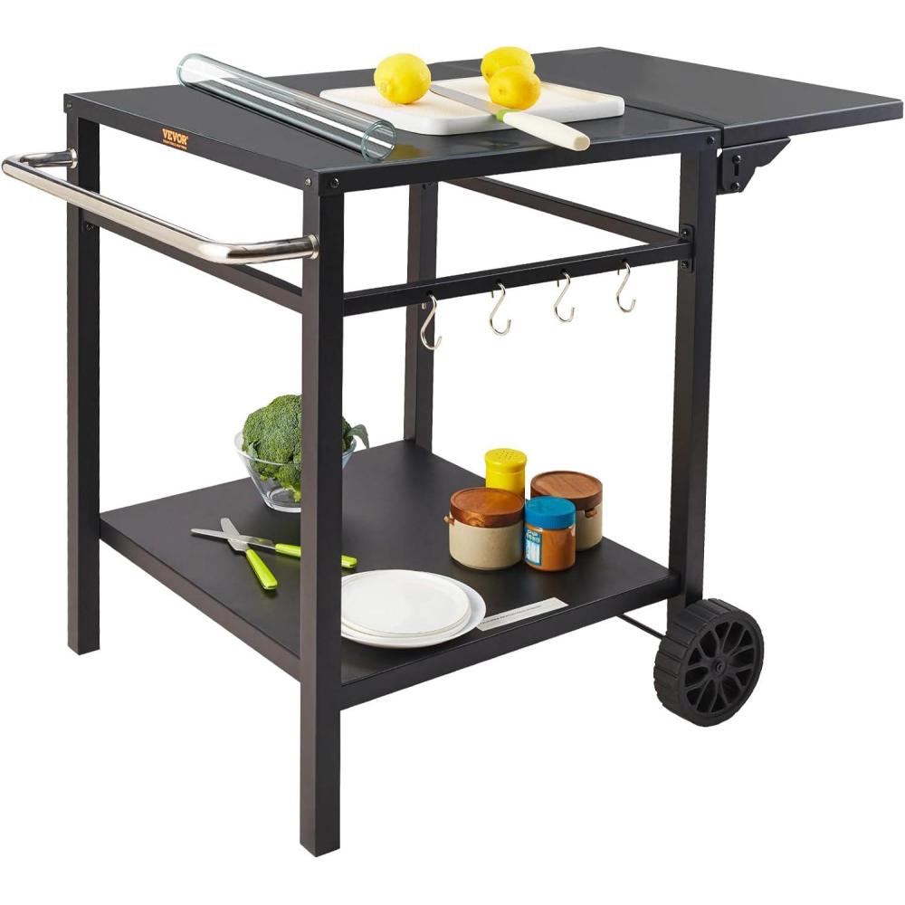image:imageVEVOR Outdoor Grill Dining Cart with DoubleShelf BBQ Movable Food Prep Table Multifunctional Stainless Steel Table Top Portable Modular Carts for Pizza Oven Worktable with 2 Wheels Carry HandleIron Table Top