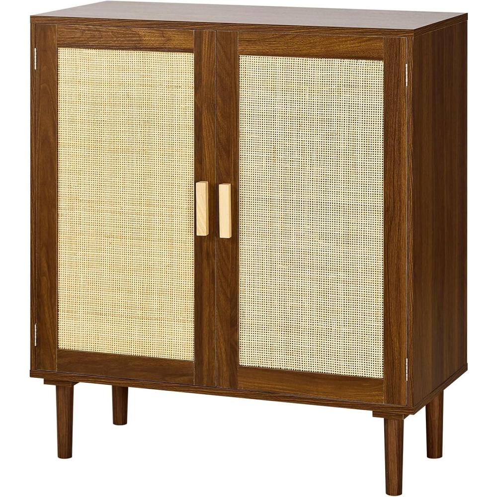 image:imageVEVOR Rattan Cabinet Rattan Buffet Cabinet with 2 Magnetic Doors and Adjustable Shelves Accent Sideboard Buffet with Wooden Legs amp Power Cord Hole for Hallway Entryway Kitchen BlackBrown