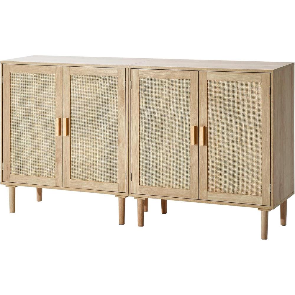 image:imageVEVOR Rattan Cabinet Rattan Buffet Cabinet with 2 Magnetic Doors and Adjustable Shelves Accent Sideboard Buffet with Wooden Legs amp Power Cord Hole for Hallway Entryway Kitchen BlackNatural Wood