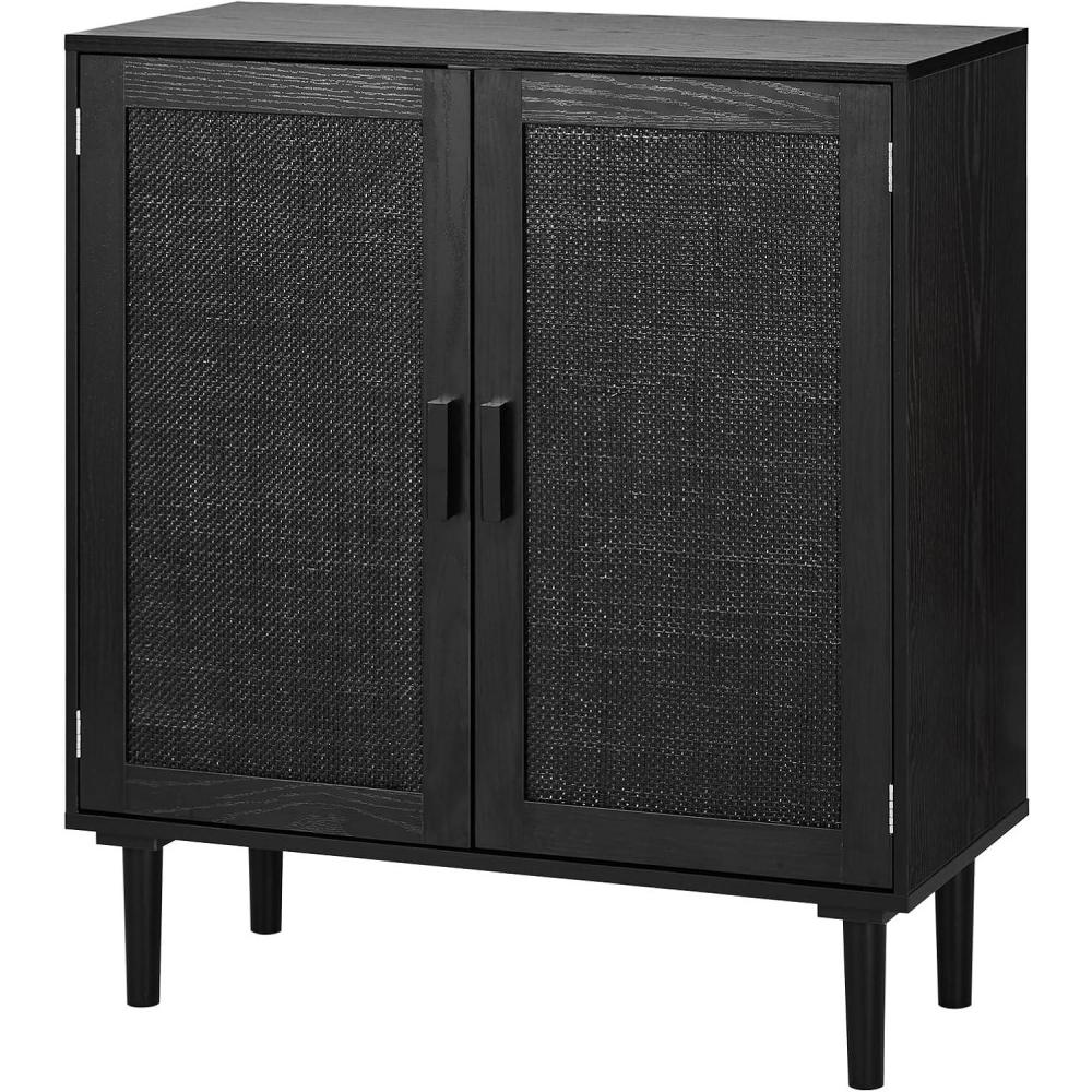 image:imageVEVOR Rattan Cabinet Rattan Buffet Cabinet with 2 Magnetic Doors and Adjustable Shelves Accent Sideboard Buffet with Wooden Legs amp Power Cord Hole for Hallway Entryway Kitchen BlackPure Black