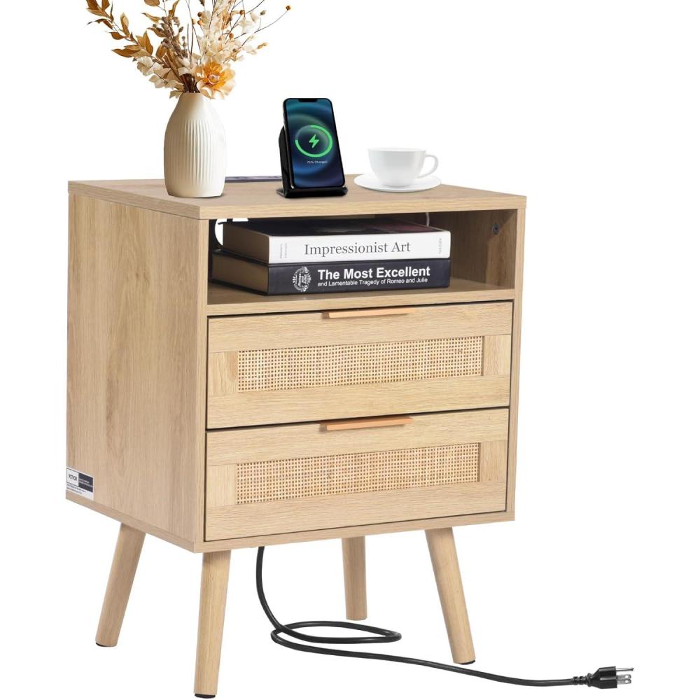 image:imageVEVOR Rattan Nightstand Boho Bedside Table with Drawer Open Shelf End Table Wooden Nightstand with Solid Wood Legs Rattan Side Table with Charging Station for Bedroom2 Drawers With Open Shelf