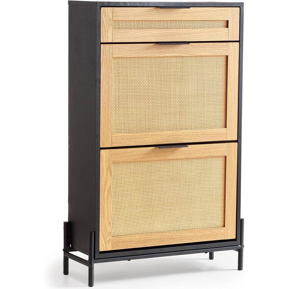 image:imageVEVOR Rattan Shoe Cabinet Narrow Shoe Storage Organizer with 2 Flip Rattan Drawers amp 1 Slide Drawer Metal Legs Slim Shoe Entryway Cabinet Ideal for Entryway Closet Hallway BlackBlack