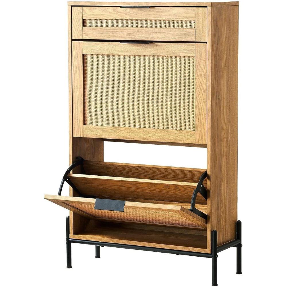 image:imageVEVOR Rattan Shoe Cabinet Narrow Shoe Storage Organizer with 2 Flip Rattan Drawers amp 1 Slide Drawer Metal Legs Slim Shoe Entryway Cabinet Ideal for Entryway Closet Hallway BlackLight Wood Color