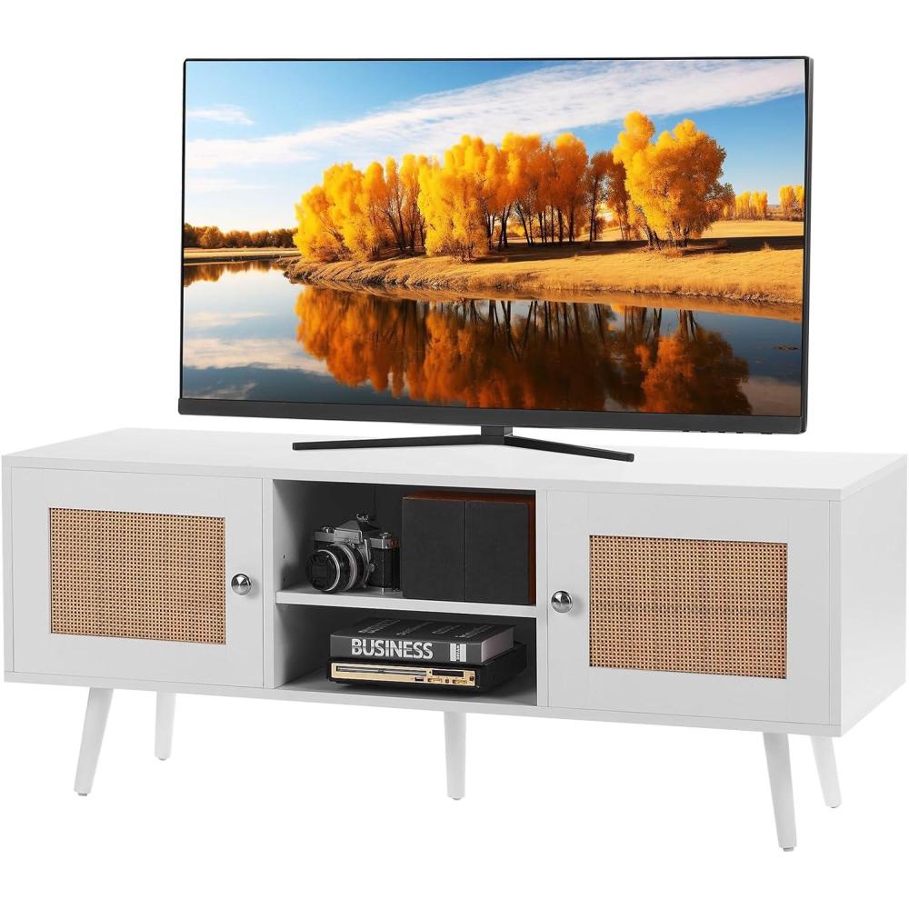 image:imageVEVOR Rattan TV Stand Mid Century Modern TV Stand for 75 inch TV Boho Rattan TV Cabinet with Buildin Socket and USB Ports Adjustable Shelfs for Living Room Media Room OakWhite