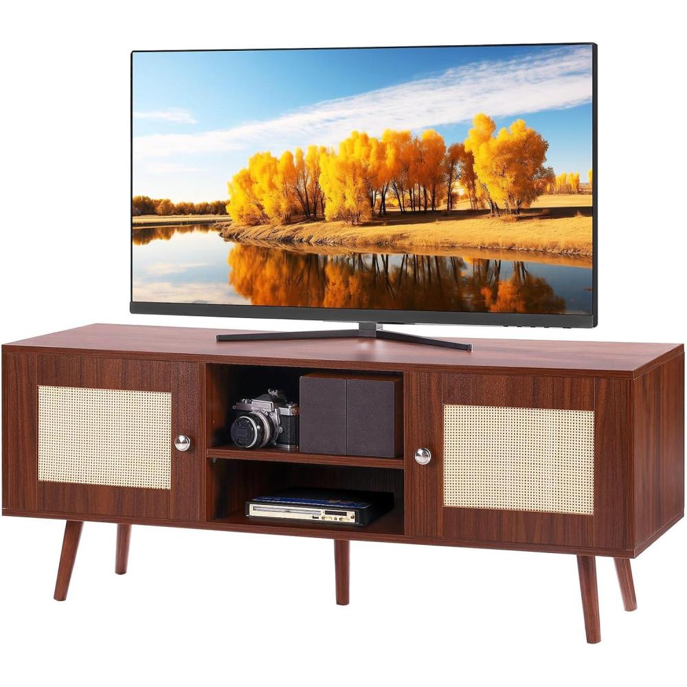 image:imageVEVOR Rattan TV Stand Mid Century Modern TV Stand for 75 inch TV Boho Rattan TV Cabinet with Buildin Socket and USB Ports Adjustable Shelfs for Living Room Media Room OakWalnut