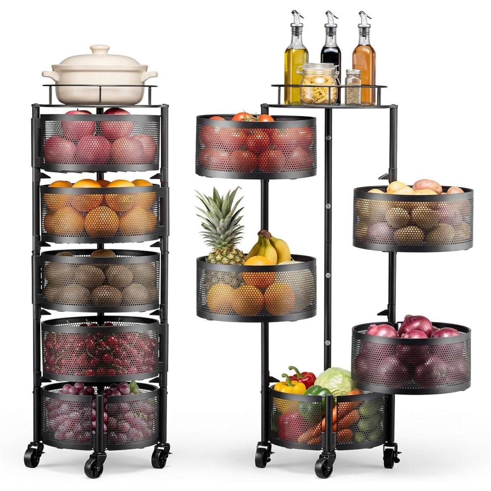 image:imageVEVOR Rotating Storage Rack Cart 5 Tier Fruit and Vegetable Basket Bowls Heavy Duty Wire Basket Organizer on Wheels Large Capacity Stand with Metal Top Lid for Kitchen Bathroom Nursery Black