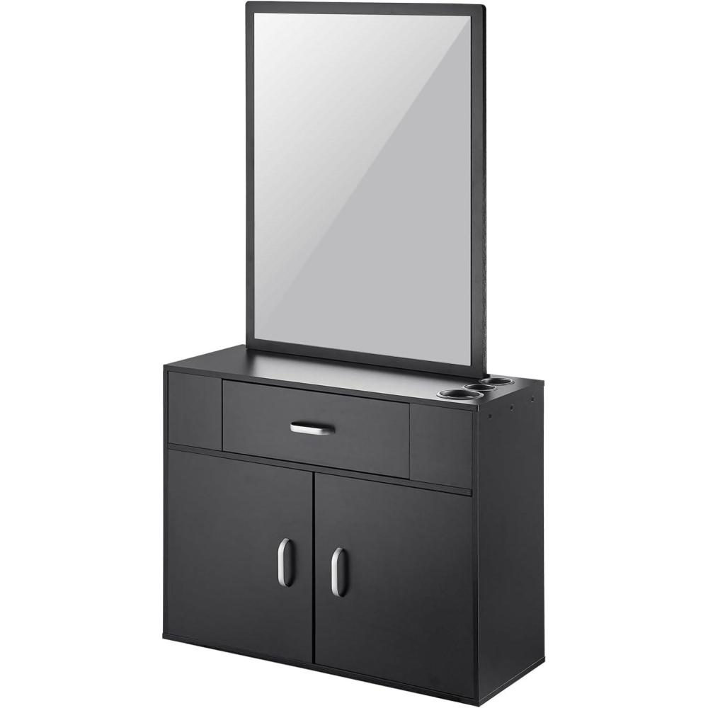 image:imageVEVOR Salon Storage Cabinet Wall Mounted Barber Salon Station for Hair Stylist Hair Stylist Station Set with 3 Sleeves A Mirror DoubleDoor Cabinet and A Drawer Black