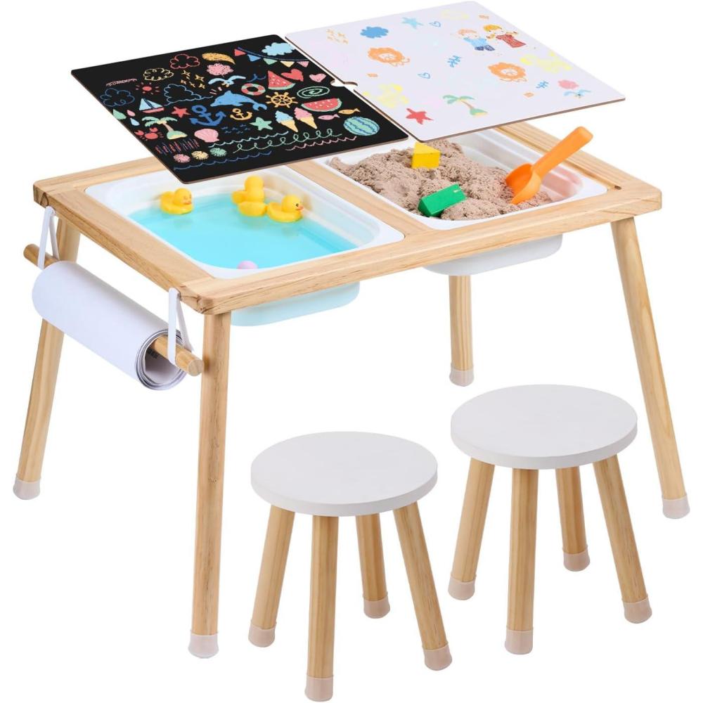 image:imageVEVOR Sensory Table and Chairs Set Toddlers Activity Table with 2 Stools 2 Storage Bins amp Paper Roll Holder IndoorOutdoor Play Sand and Water Table Wooden Kids Sensory Table Gift for Boys GirlsTableChair Set